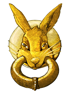 logo, un lapin qui toque, heurtoir de porte en forme de lapin